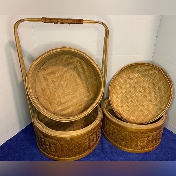 Vintage Chinese 3 Tier Wedding Basket Stacking Bamboo Rattan Woven Cane - Picture 6 of 9